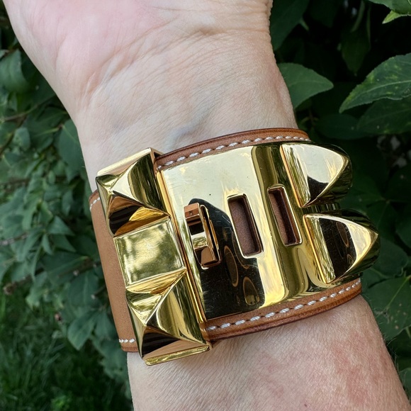 🆒 Authentic Hermès Collier De Chien Cuff Bracelet gold plated hardware leather - Picture 5 of 16